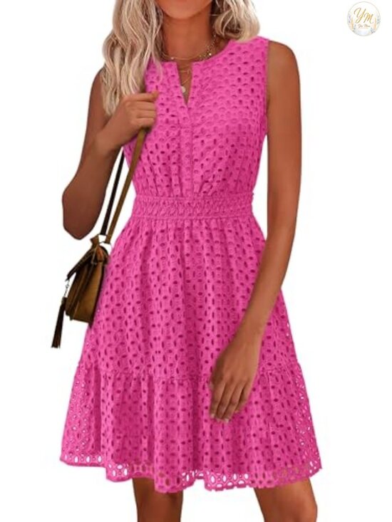 Dresses & Skirts - Eyelet A-Line Sleeveless V-Neck Cotton Summer Dress Knee-Length